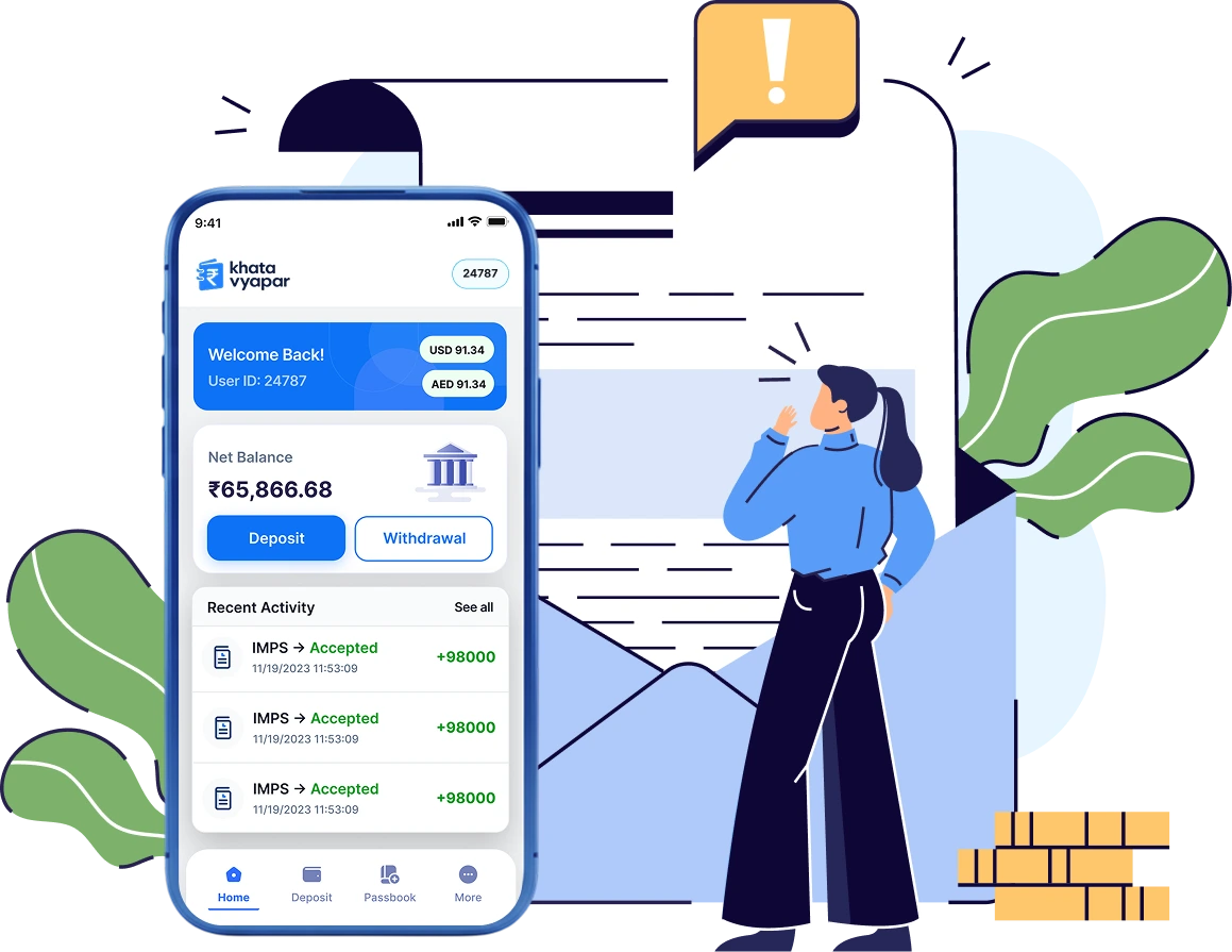 Khata Vyapar app dashboard showing GST billing, digital cashbook and business reports