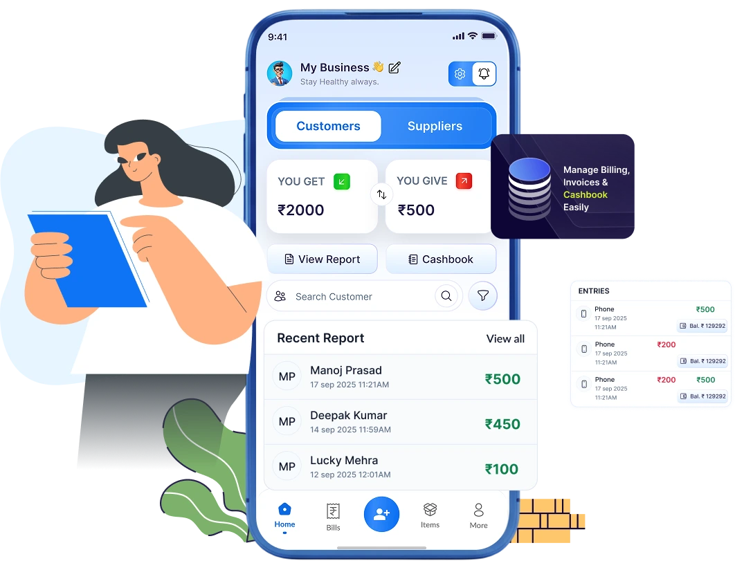 Khata Vyapar GST billing software dashboard with digital cashbook, customer and payment management